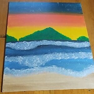 Blue and Green Coastal Painting with Waves and Mountain